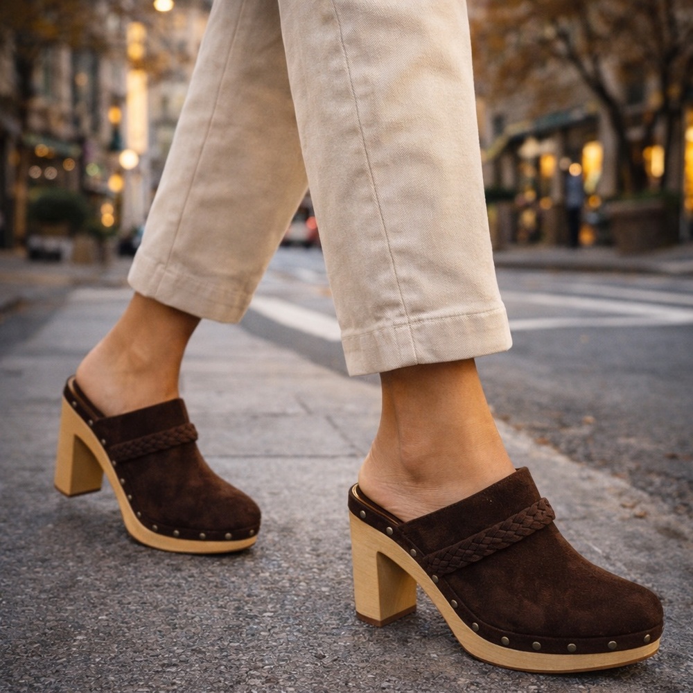 PAIGE Alex Studded Brown Suede Platform Women’s Clogs Size 9 | NEW $348